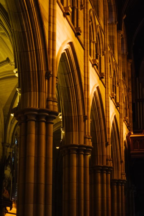 Free Interior view of St Mary's Cathedral arches, showcasing ornate Gothic architecture in Sydney. Stock Photo