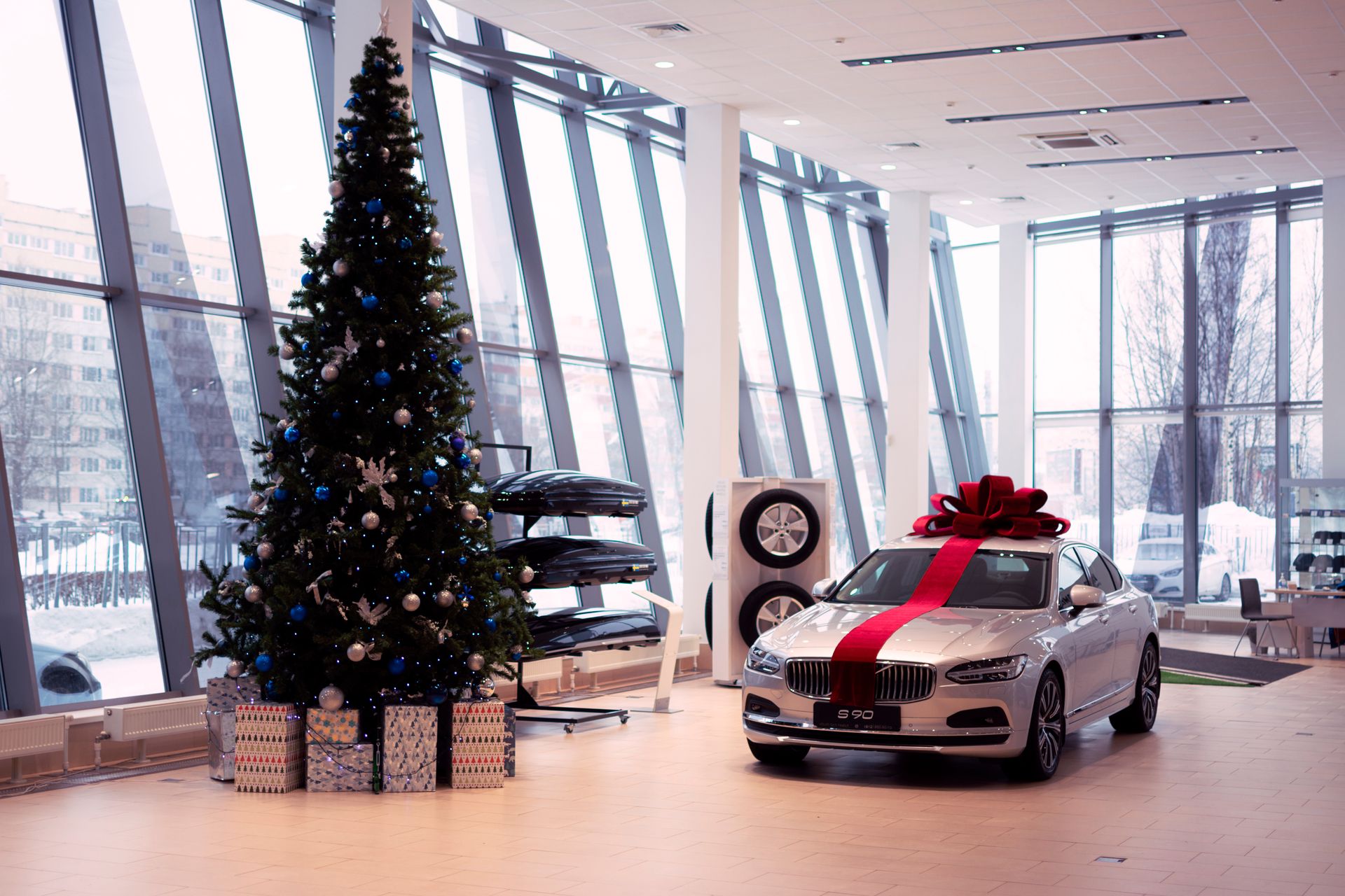 Photo of a Christmas Tree in a Car Dealership