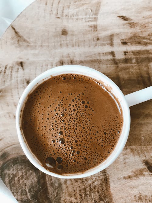 Top View of a Coffee Cup on a Wooden Desk