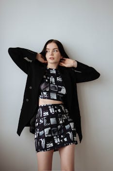 Young woman poses confidently in trendy monochrome fashion with a patterned crop top and skirt, complemented by a black jacket.