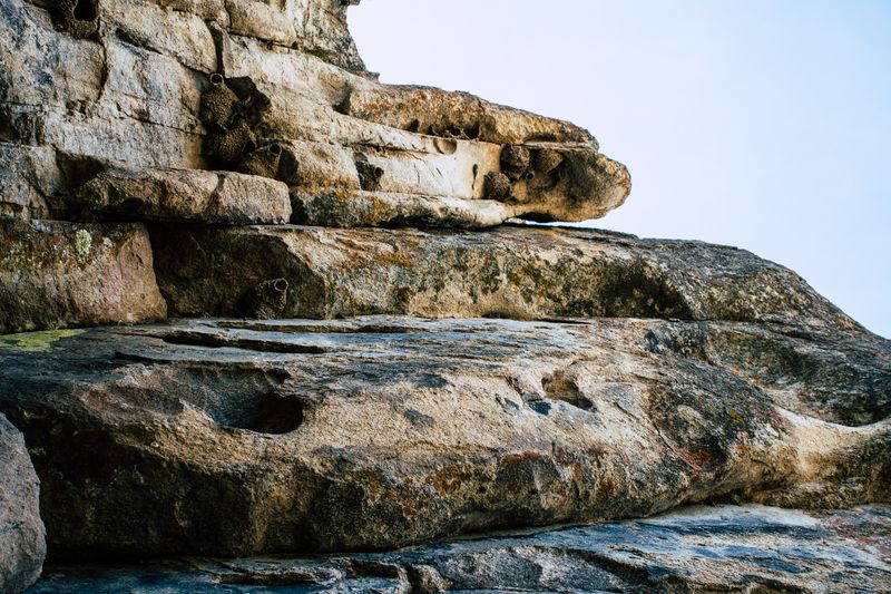 Close-up of weathered rock formations with moss in Elba, Idaho, USA.
