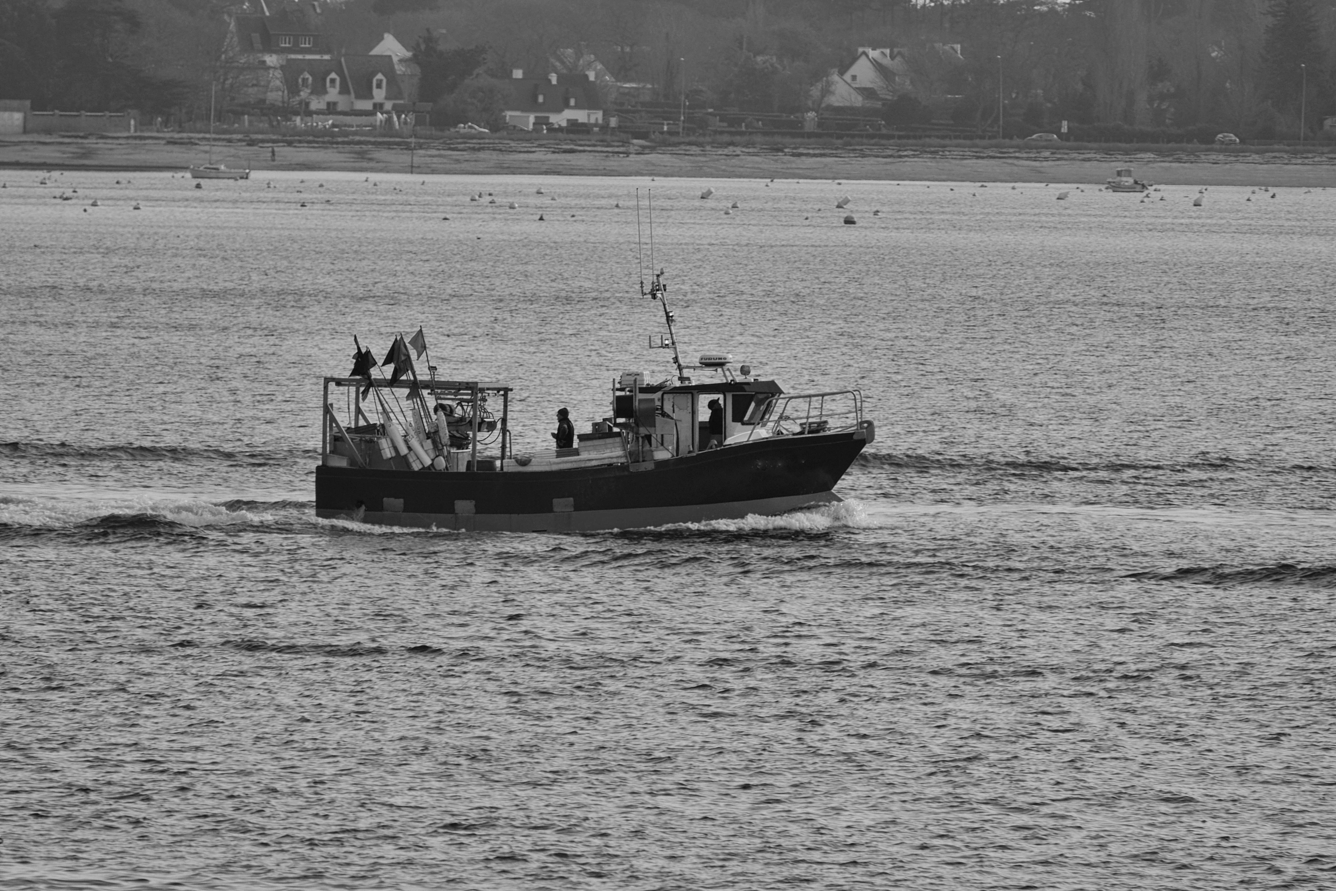 Fishing Boat on Sea Coast in Black and White · Free Stock Photo