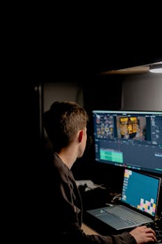 A creative professional editing video content on dual screens in a dark room.