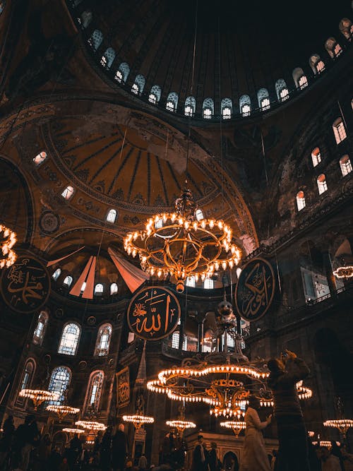 Illuminated Chandeliers in Mosque