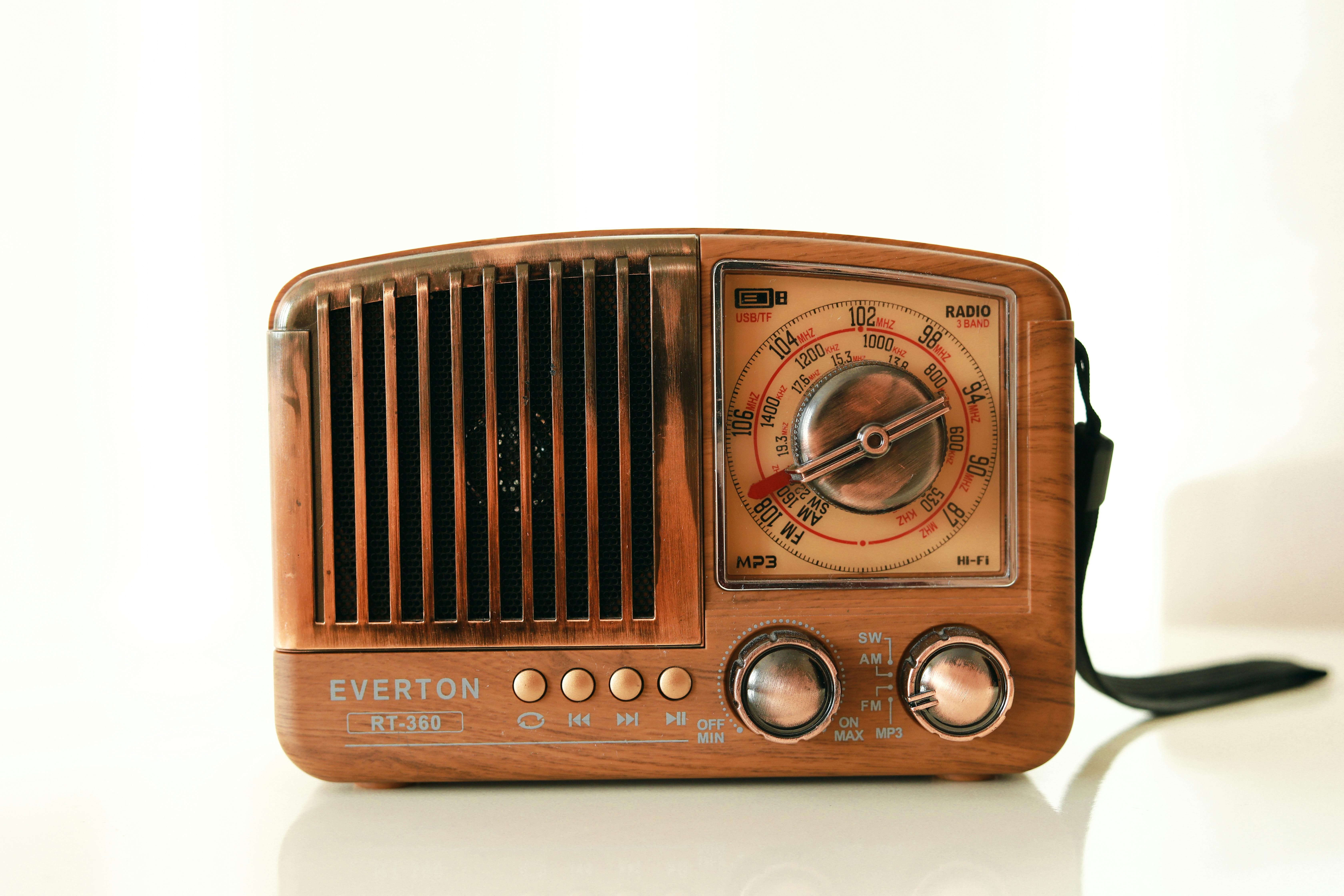 Old retro radio vintage. Old wooden retro style radio receiver vintage Radio,  Speaker, Old, isolated white background Stock Photo