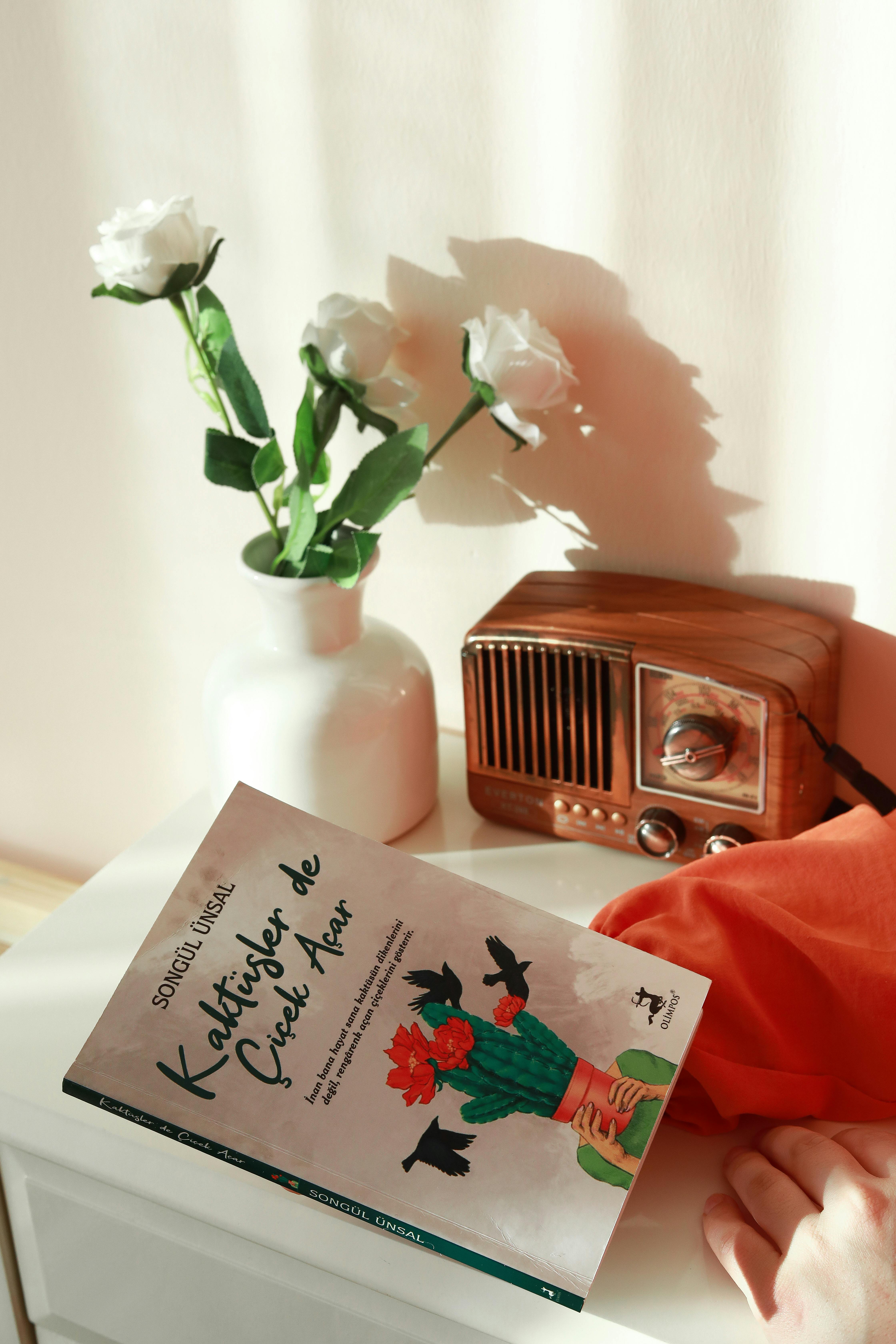 Elegant still life of a book, vintage radio, and flowers in vase.
