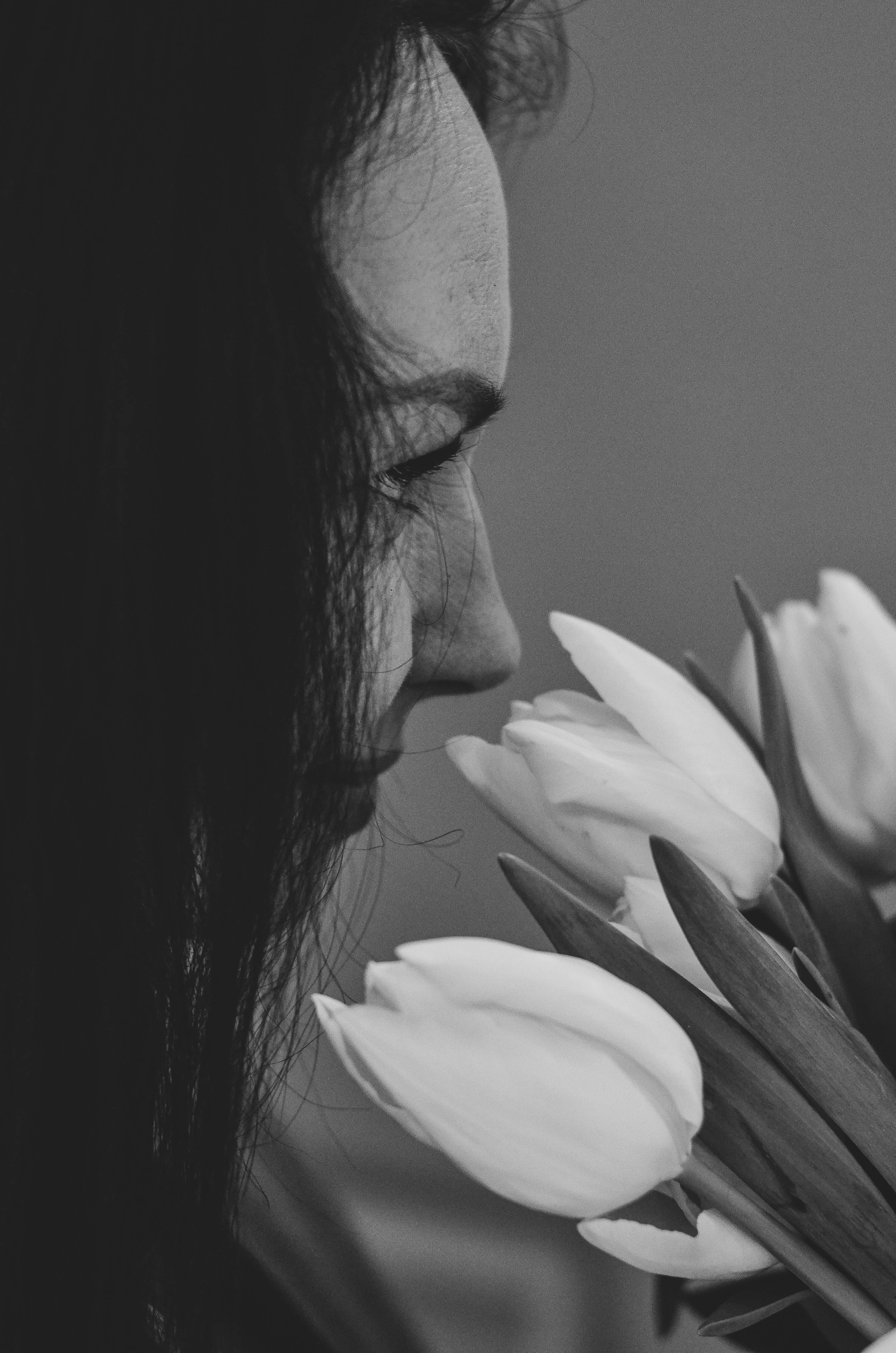 Woman Face And Tulips In Black And White · Free Stock Photo