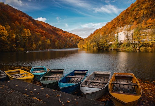 湖畔色彩缤纷的船只与生机勃勃的秋叶，映照出大自然的宁静