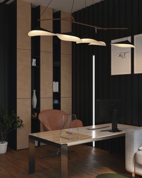 Sleek and contemporary workspace featuring unique lighting and modern furniture design.