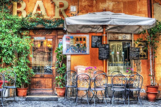 Vibrant outdoor café scene with colorful flowers and artistic details, perfect for urban exploration.