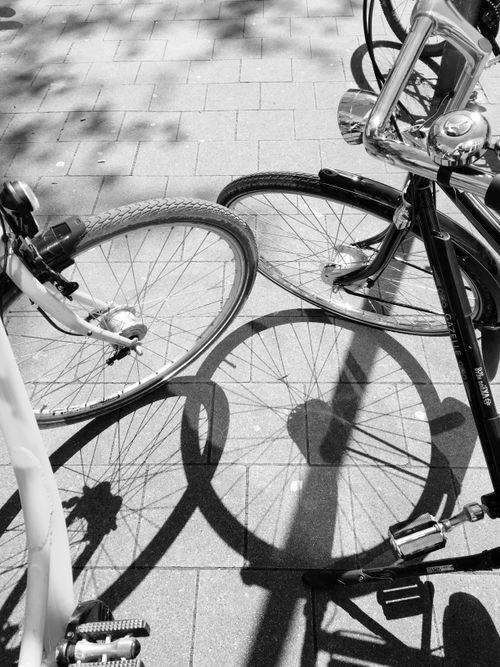 Free A black and white photo capturing bicycle shadows on pavement, creating a striking urban pattern. Stock Photo