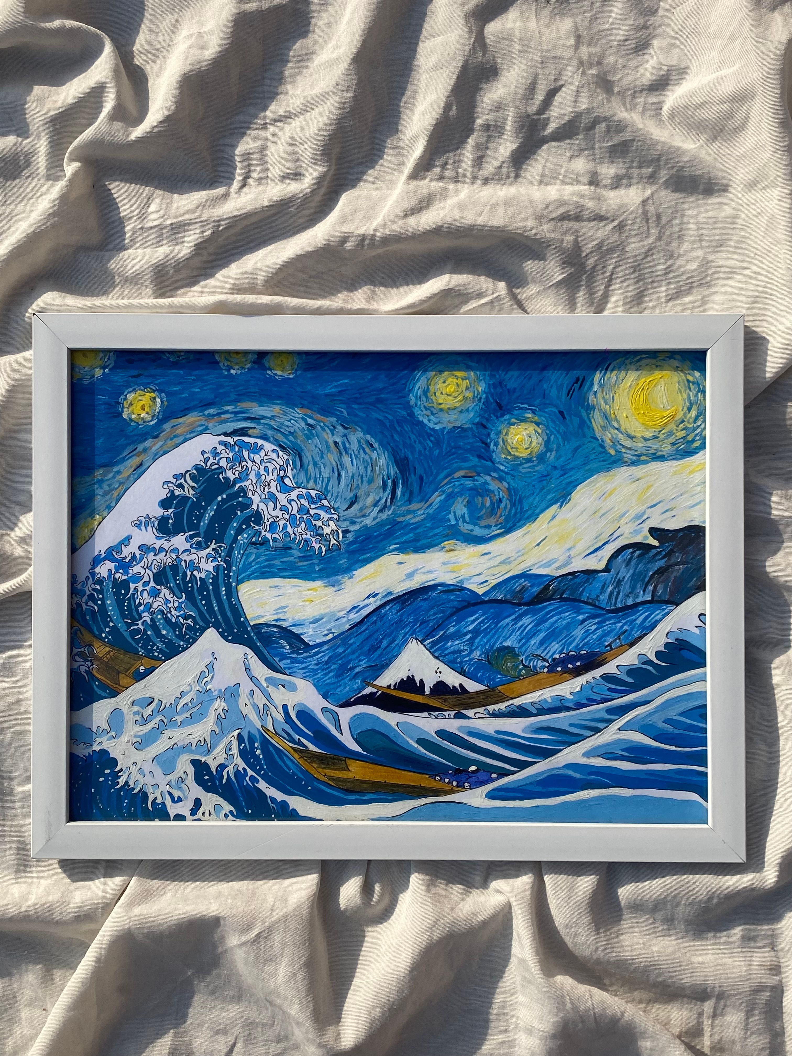 Framed painting combining van Gogh's Starry Night with the Great Wave style on fabric.