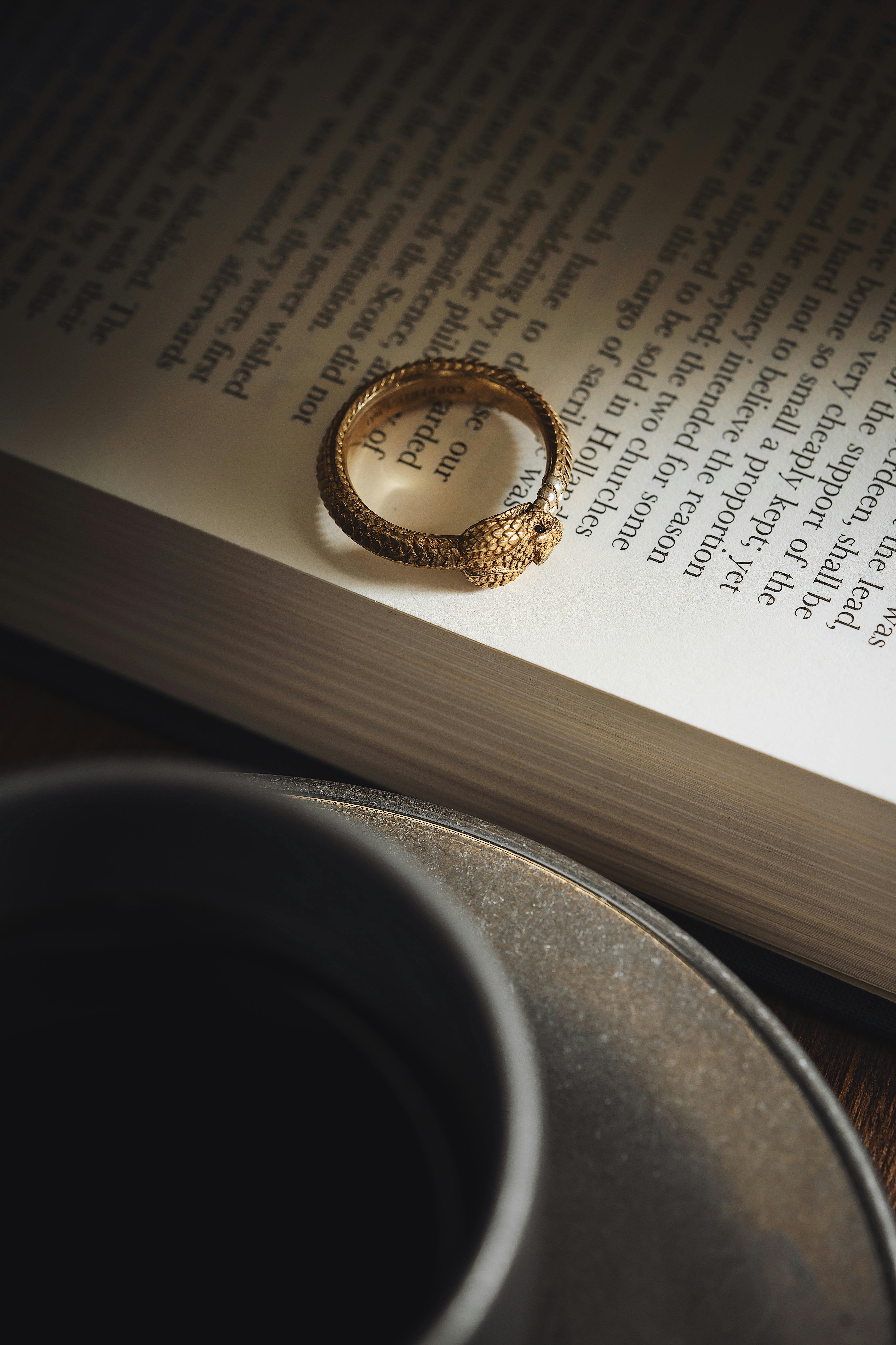 golden snake ring on book page