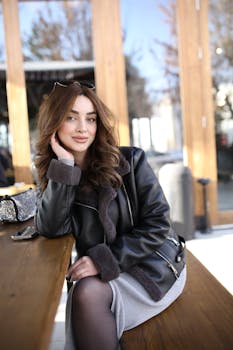 Young woman in a leather jacket posing outdoors at a cafe table, smiling.