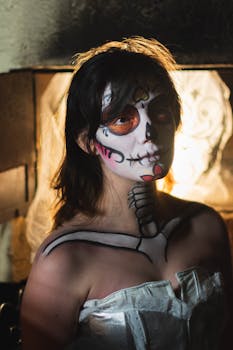 Artistic portrait of a woman with traditional Dia de los Muertos face paint.