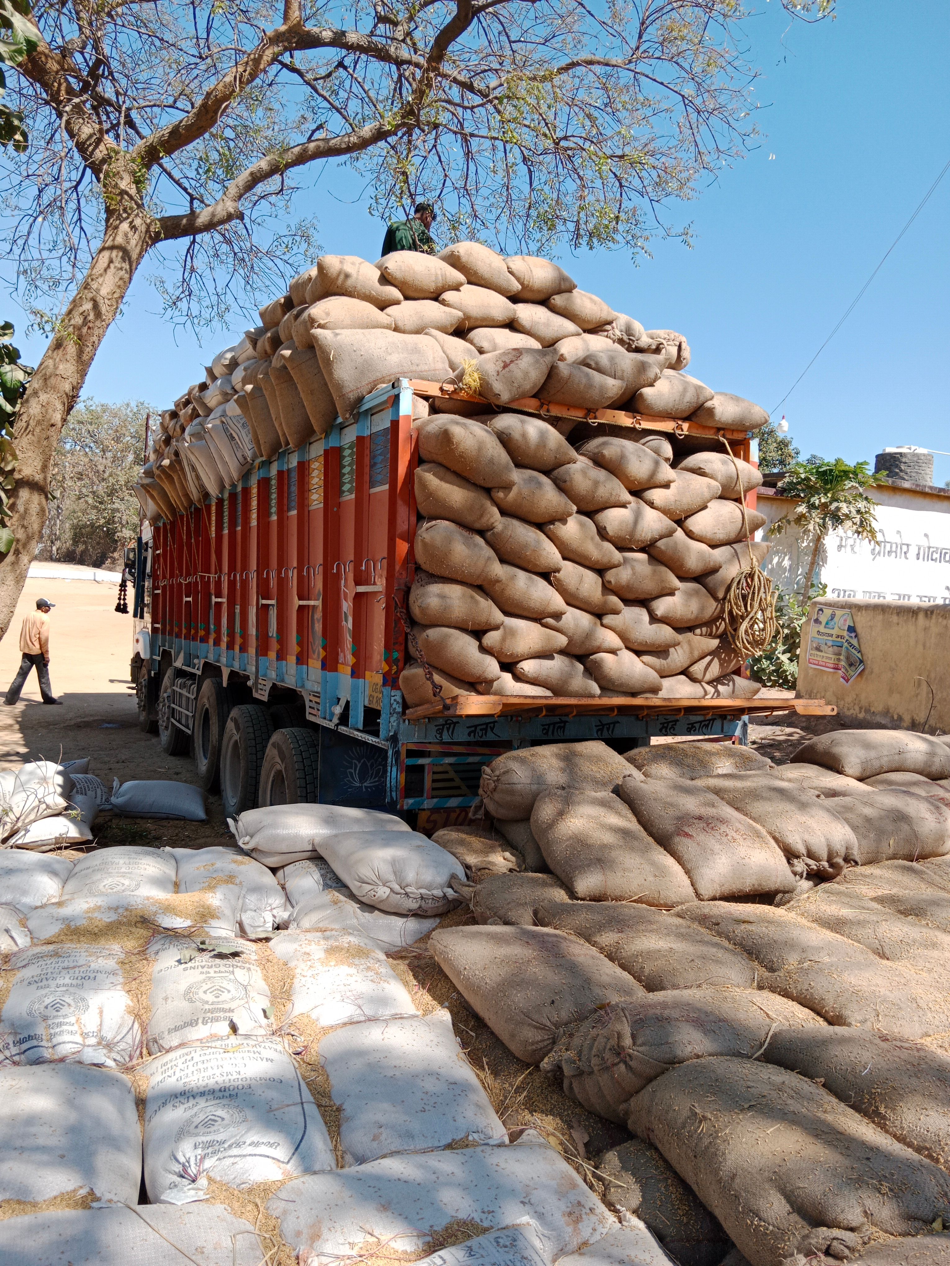 Truck loaded with sacks of goods in Bagbahara, India
