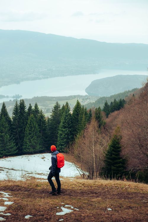 Free Man hiking with an orange backpack in a snowy mountain landscape with a view of trees and a lake. Stock Photo