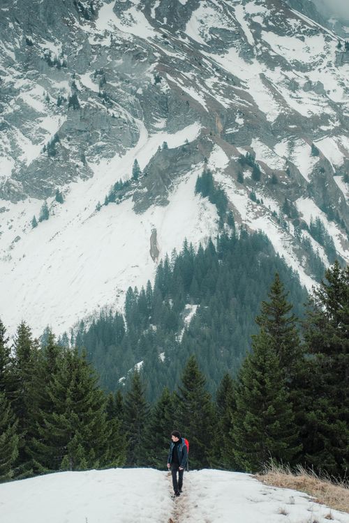 Free A man hikes through a snowy forest trail with majestic mountains in the background. Stock Photo