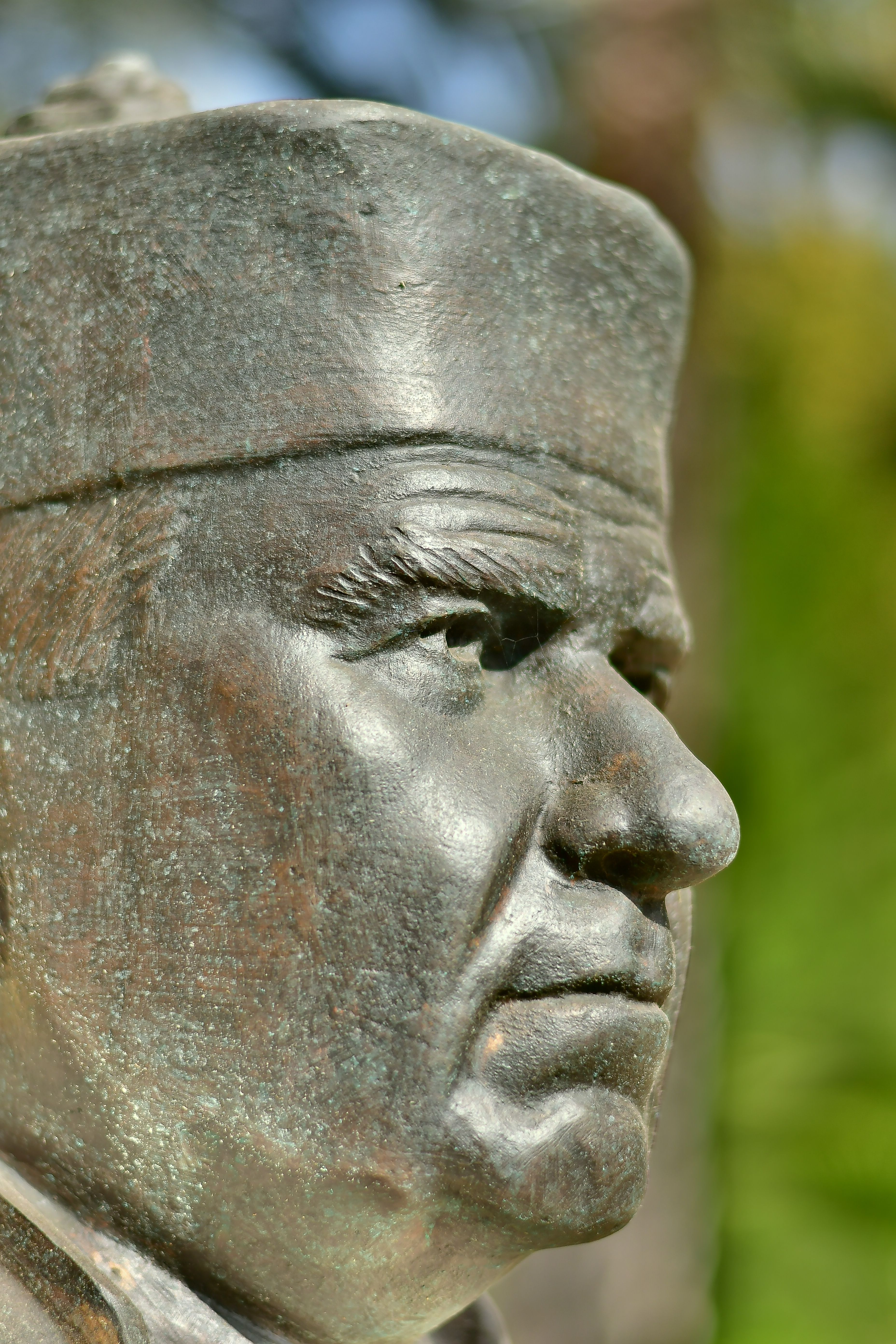 Close-up of a bronze statue head against a blurred outdoor background, highlighting its weathered texture.