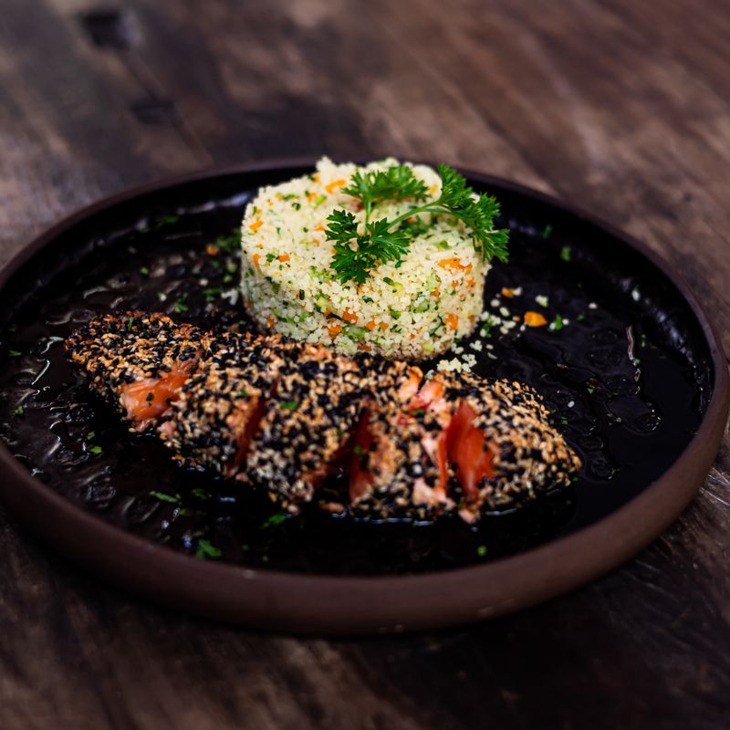 Levantine Za'atar-Crusted Chicken Over Herbed Pearl Couscous