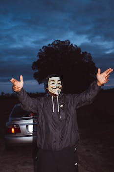 在黑暗的户外环境中，一个戴着盖伊·福克斯面具的人张开双臂摆出姿势