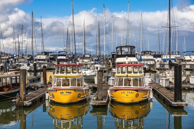Yellow water taxis moored among yachts