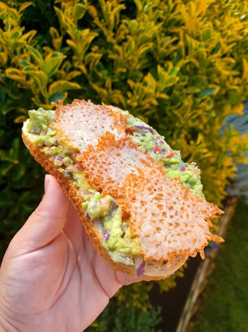 Person Holding a Sandwich with Guacamole and Cheese