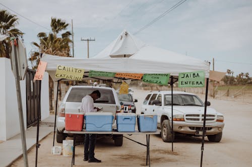 Fish and Seafood Seller Standing at his Stall on the Side of a Rural Road