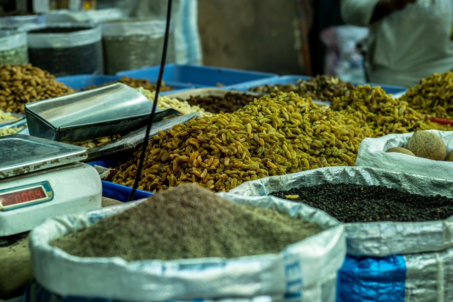 Sacks of grains, pulses and spices at a market stall