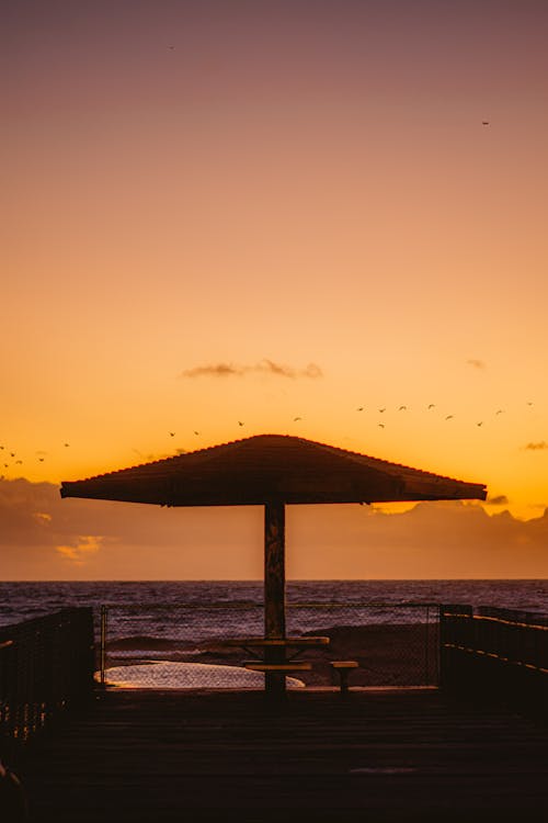 A Silhouetted Umbrella on the Beach at Sunset 