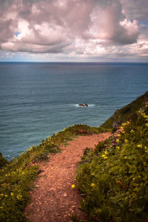 A path leading to the ocean with clouds in the sky