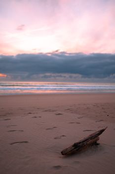 Tranquil beach scene in Lisbon, Portugal, at sunset with footprints and driftwood.