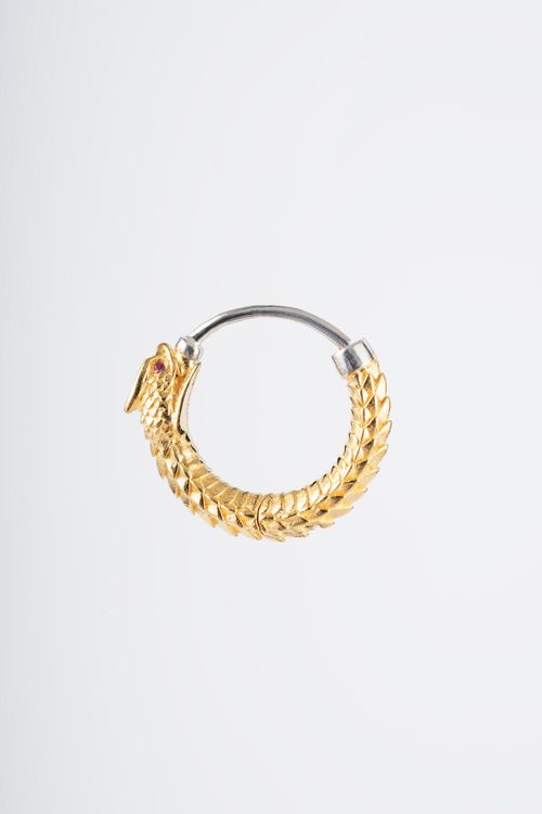 Free Sophisticated gold dragon hoop earring, perfect for elegant styling. Stock Photo