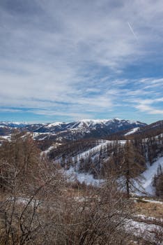 Scenic view of a snowy mountain range and winter landscape with clear skies.