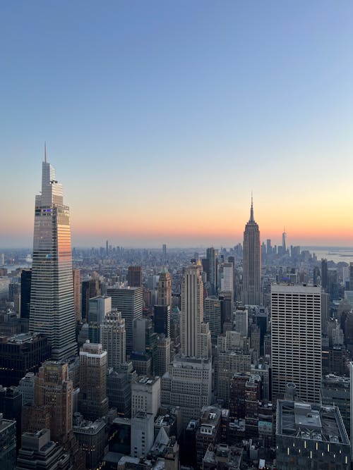 Aerial View of New York City Skyline at Sunset