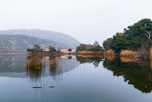 View of the Kaiafas Lake in Elis with Mountains in the Background, Greece 