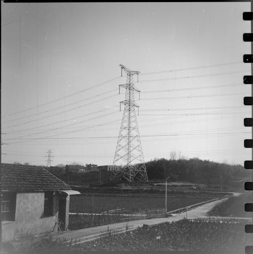 A Black and White Film Photograph of a Utility Pole on a Countryside 