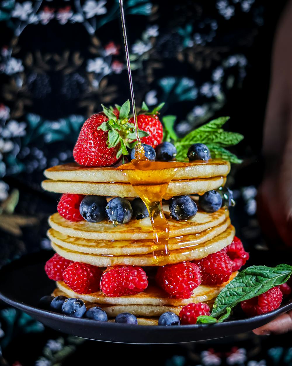 Rye Flour Pancakes with Maple Syrup and Berries