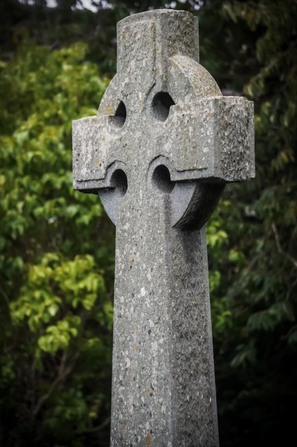 Fotomural Acercamiento de una cruz celta en un cementerio de Durham con un fondo verde exuberante.