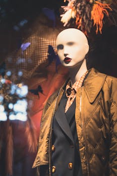 Stylish mannequin dressed in a jacket and suit showcased in a fashionable store window display.