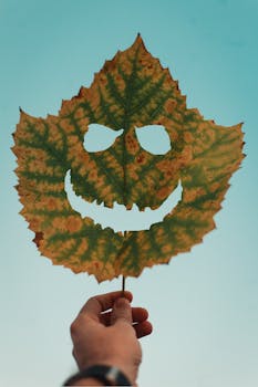 手拿一片雕刻着笑脸的叶子，映衬着清澈的蓝天，象征着秋季有趣的创造力
