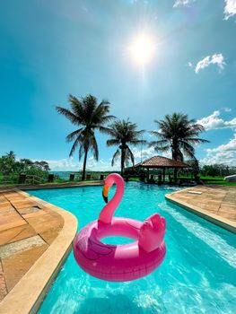 Sunny resort pool with pink flamingo float, ideal for a tropical vacation vibe.