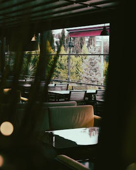 Cozy modern restaurant interior with reflections on glass, featuring stylish furniture and greenery views.