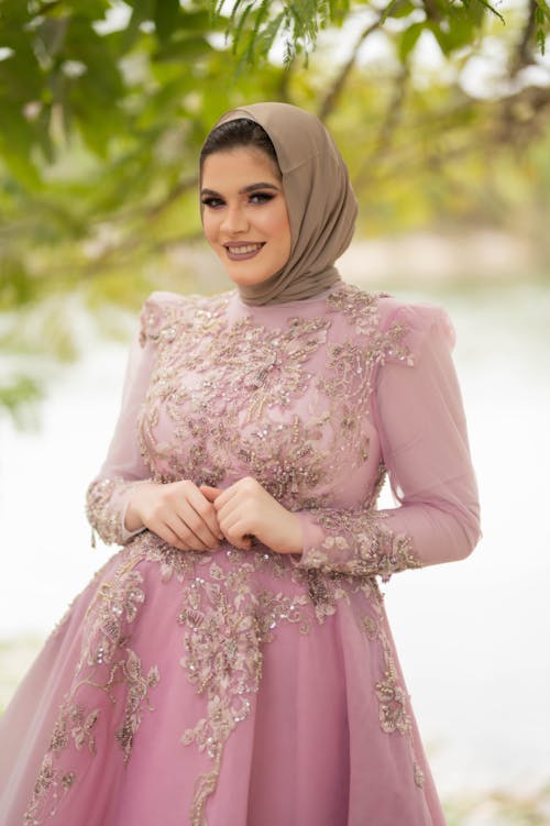 Woman Portrait in Hijab and Pink Dress