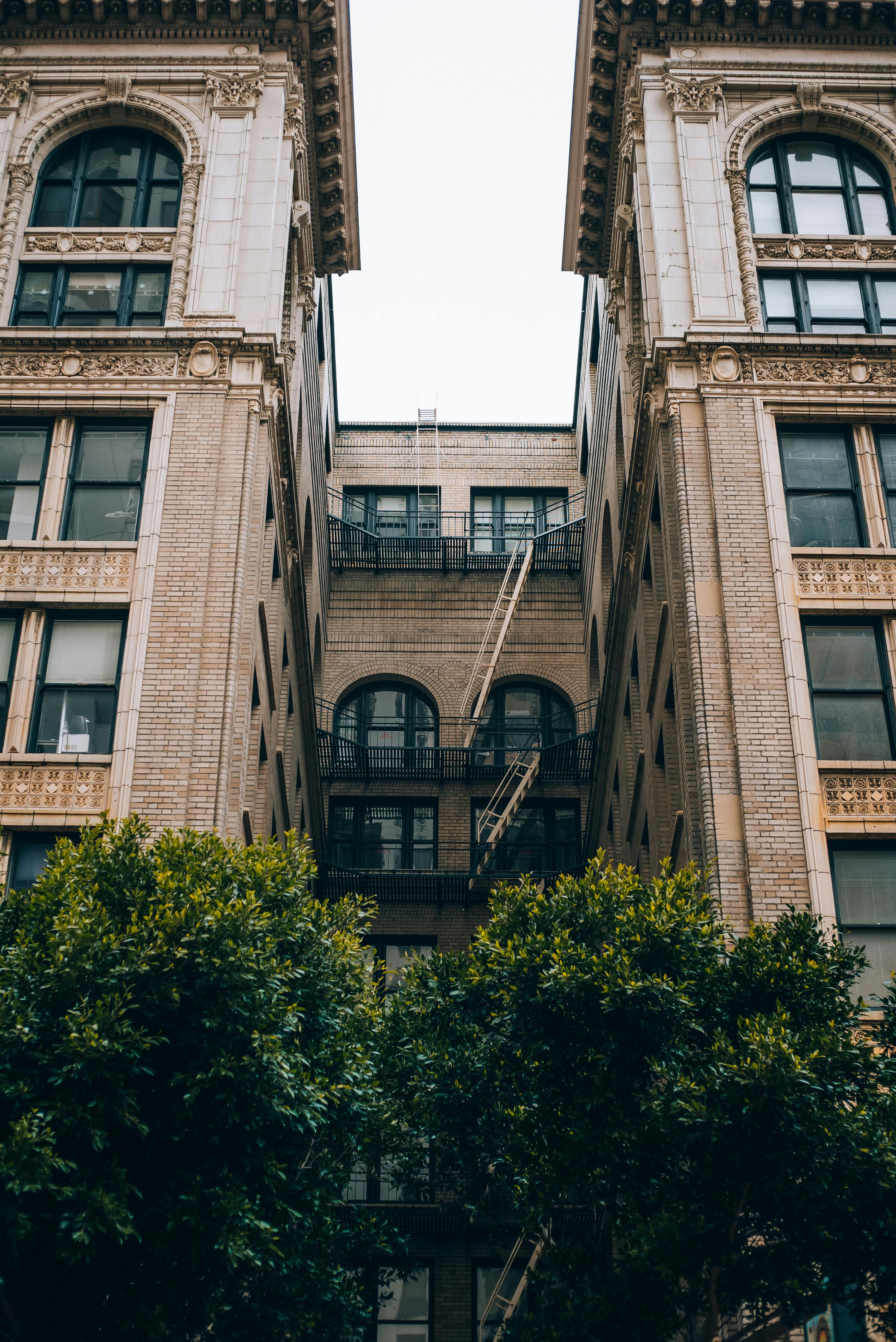 the building has a lot of windows and stairs