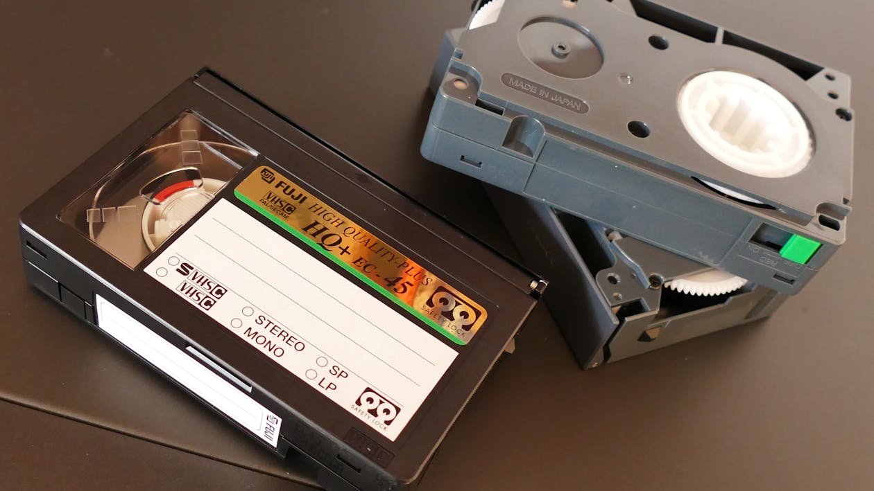 Cassette tape VHS tape and floppy disk stock photo