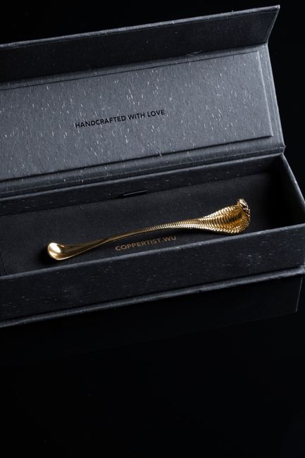 Fotomural Una lujosa cuchara dorada en forma de cobra presentada en una caja de terciopelo negro, que exuda elegancia y artesanía.