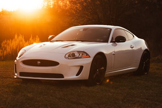 Stunning white Jaguar car elegantly positioned in a scenic sunset backdrop, embodying luxury and style.