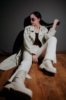 Young woman in fashionable outfit with trench coat and sunglasses sitting on wooden floor.