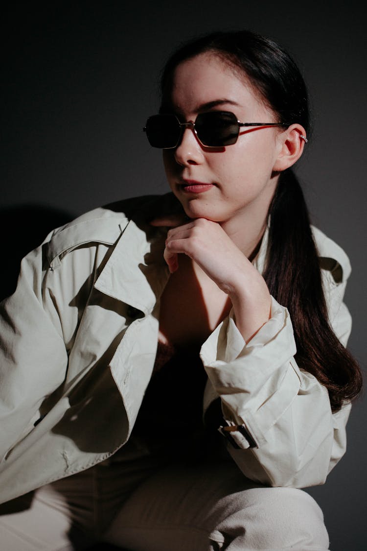 Stylish Woman In Sunglasses Posing In Studio